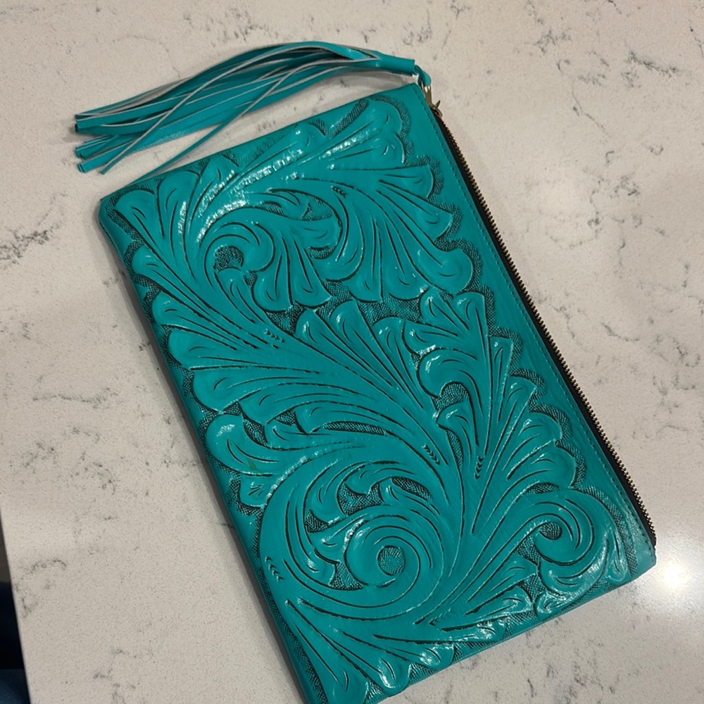 Teal Leather Embossed Clutch with Tassel